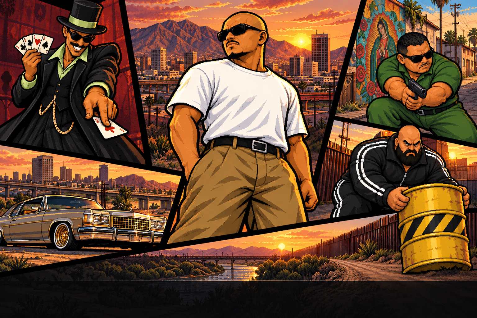 The hero and three bosses in an El Paso comic-panel collage